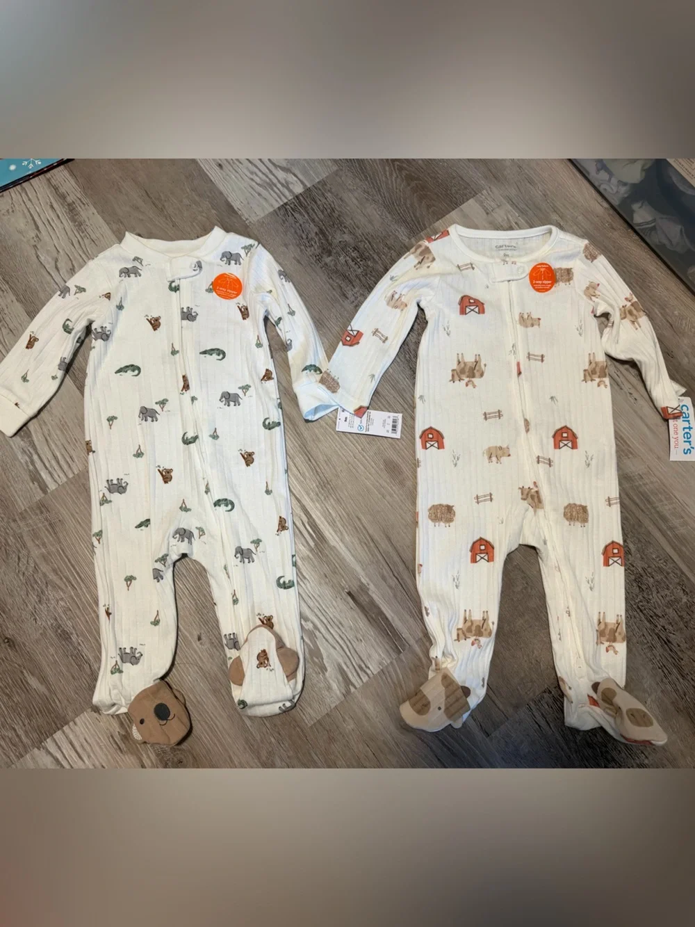 Carter's Cream Ribbed Footed One-Piece Sleepers with Animal Prints (Set of 2)